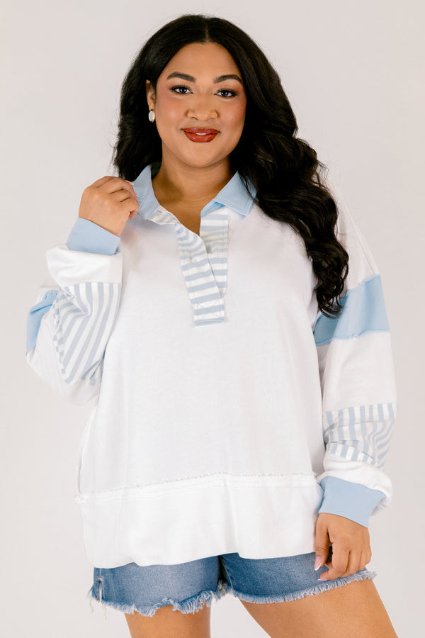 Chic Soul plus size clothing, white and light blue 1/4 button down collared pullover with patches of blue and white stripes