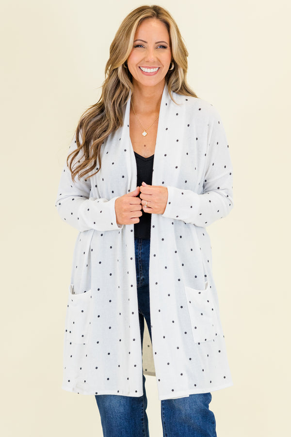 Chic Soul plus size clothing, long-sleeve ivory white knee-length cardigan with small black polka dots and pockets