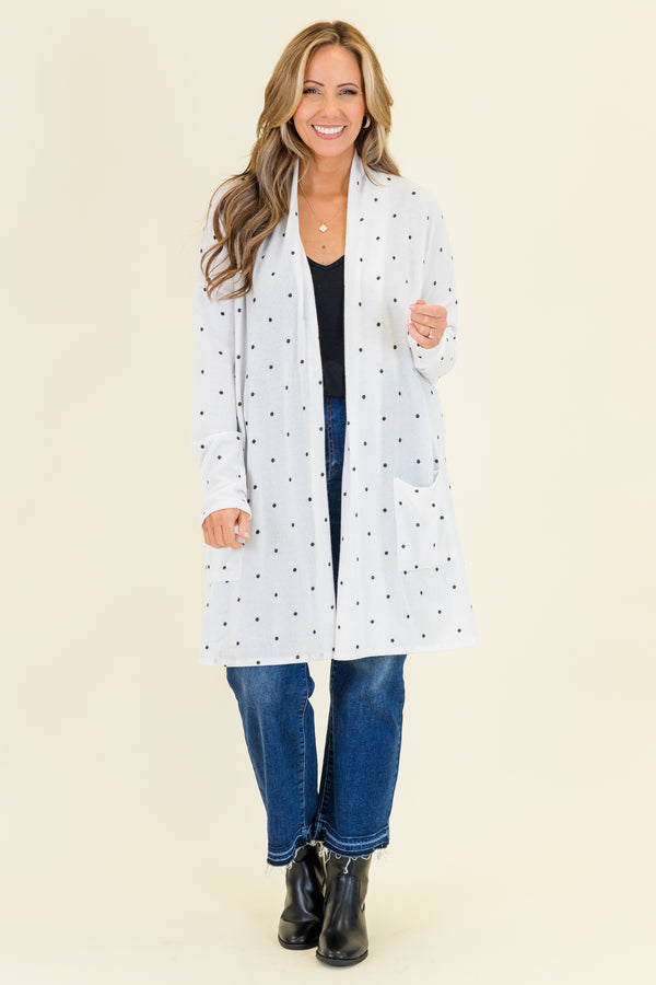 Chic Soul plus size clothing, long-sleeve ivory white knee-length cardigan with small black polka dots and pockets
