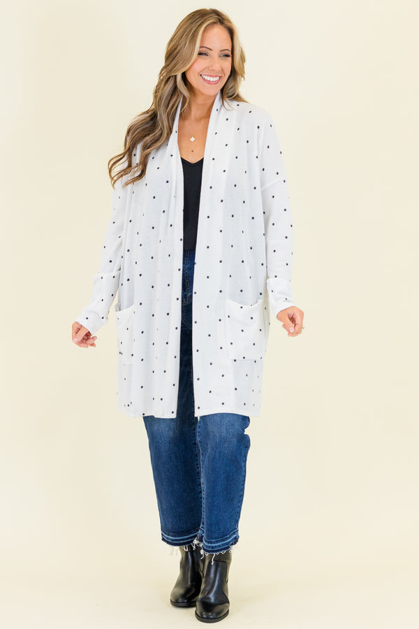 Chic Soul plus size clothing, long-sleeve ivory white knee-length cardigan with small black polka dots and pockets
