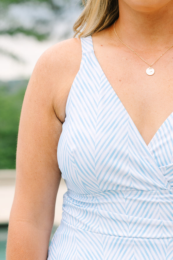 Chic Soul plus size clothing, blue stripe babydoll swim dress with a deep wrapped v-neckline