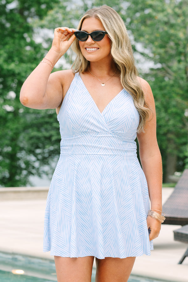 Chic Soul plus size clothing, blue stripe babydoll swim dress with a deep wrapped v-neckline