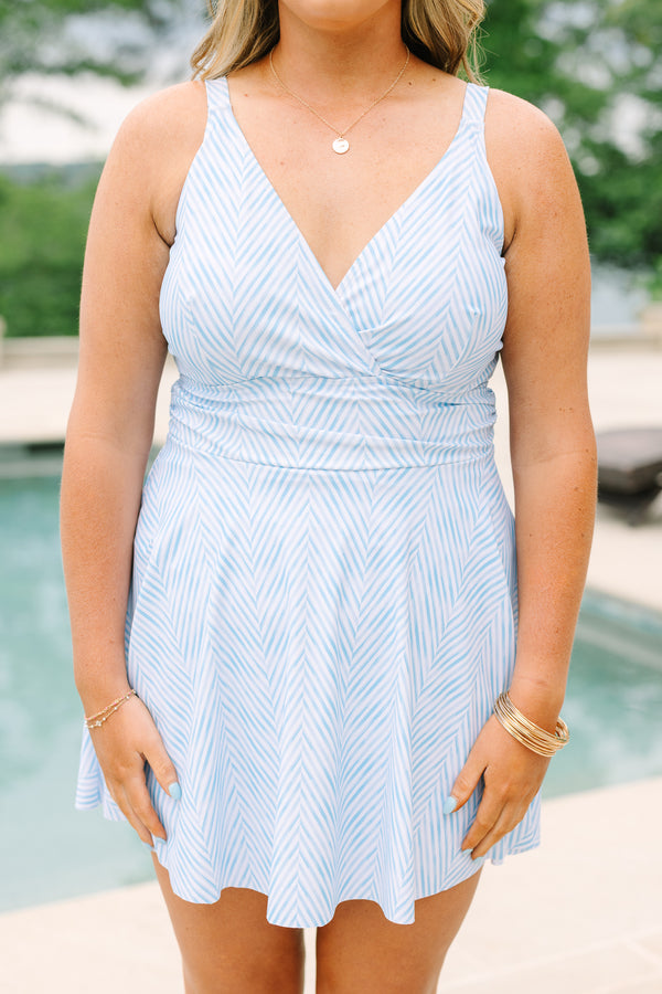 Chic Soul plus size clothing, blue stripe babydoll swim dress with a deep wrapped v-neckline
