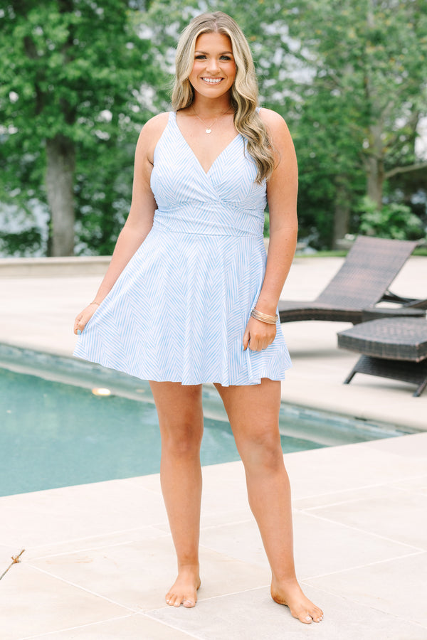 Chic Soul plus size clothing, blue stripe babydoll swim dress with a deep wrapped v-neckline