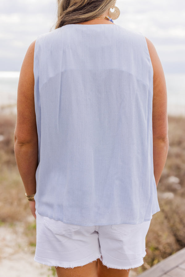 Chic Soul plus size clothing, Blue tank with an open v-neck that has ties on each side 