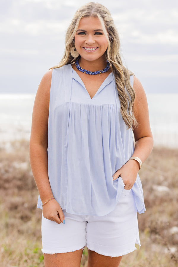 Chic Soul plus size clothing, Blue tank with an open v-neck that has ties on each side 