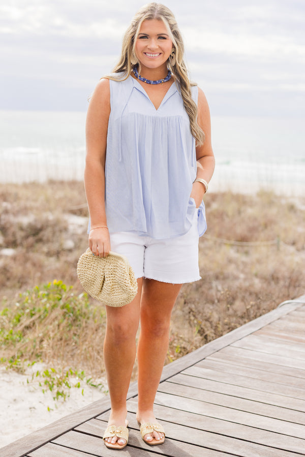 Chic Soul plus size clothing, Blue tank with an open v-neck that has ties on each side 