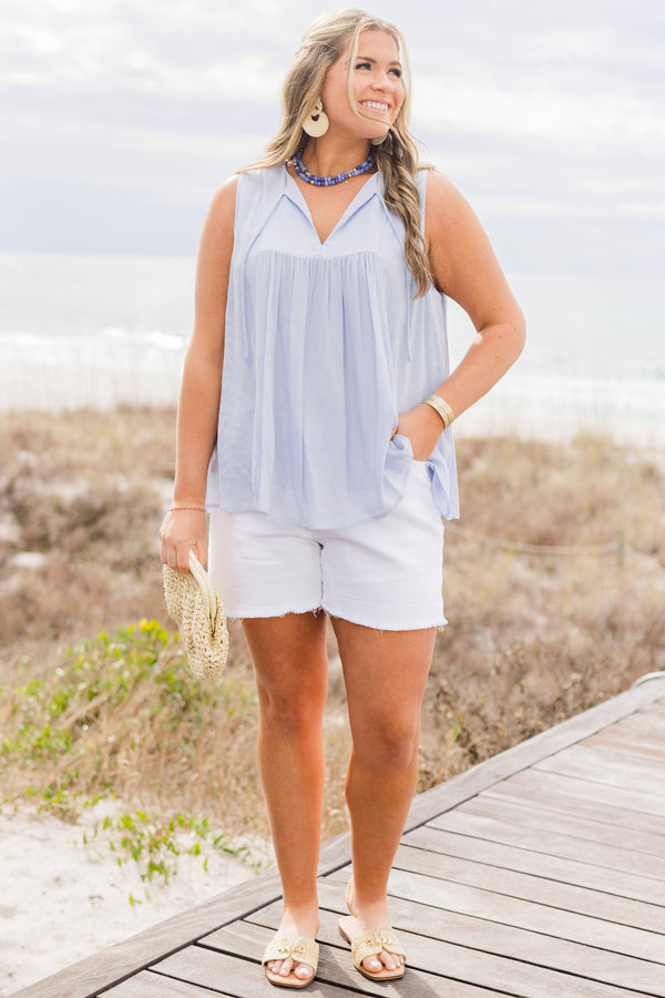 Chic Soul plus size clothing, Blue tank with an open v-neck that has ties on each side 