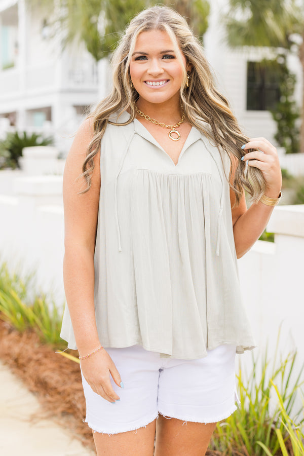 Chic Soul plus size clothing, sage tank top with a an open v-neckline that has ties on each side 