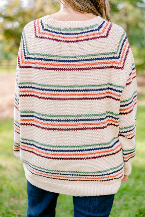 Chic Soul plus size clothing, taupe long sleeve sweater with aqua, navy, orange, and mauve thin horizontal stripes