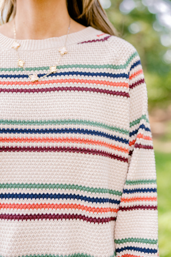 Chic Soul plus size clothing, taupe long sleeve sweater with aqua, navy, orange, and mauve thin horizontal stripes