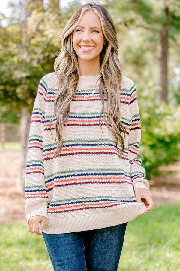 Chic Soul plus size clothing, taupe long sleeve sweater with aqua, navy, orange, and mauve thin horizontal stripes