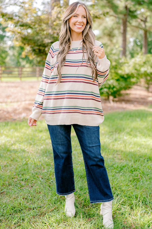 Chic Soul plus size clothing, taupe long sleeve sweater with aqua, navy, orange, and mauve thin horizontal stripes