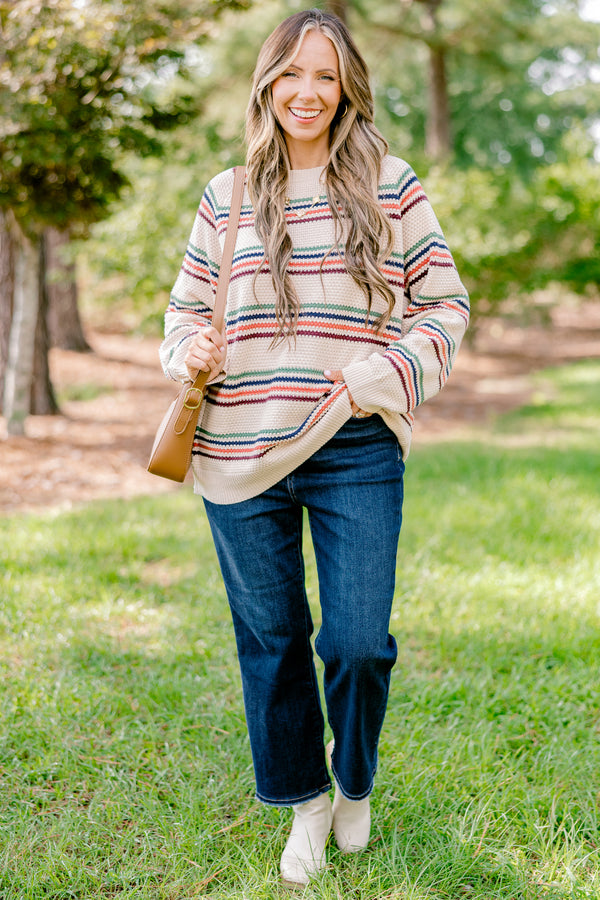 Chic Soul plus size clothing, taupe long sleeve sweater with aqua, navy, orange, and mauve thin horizontal stripes