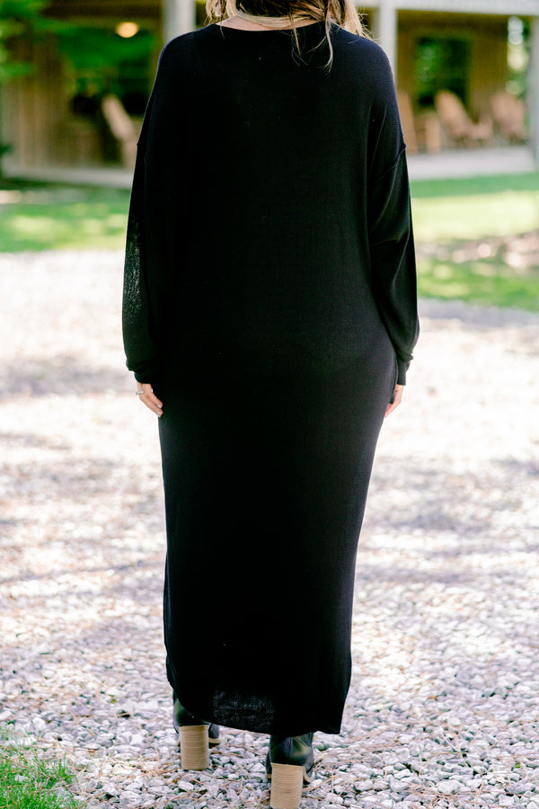 Chic Soul plus size clothing, black long sleeve maxi dress with four buttons at the top