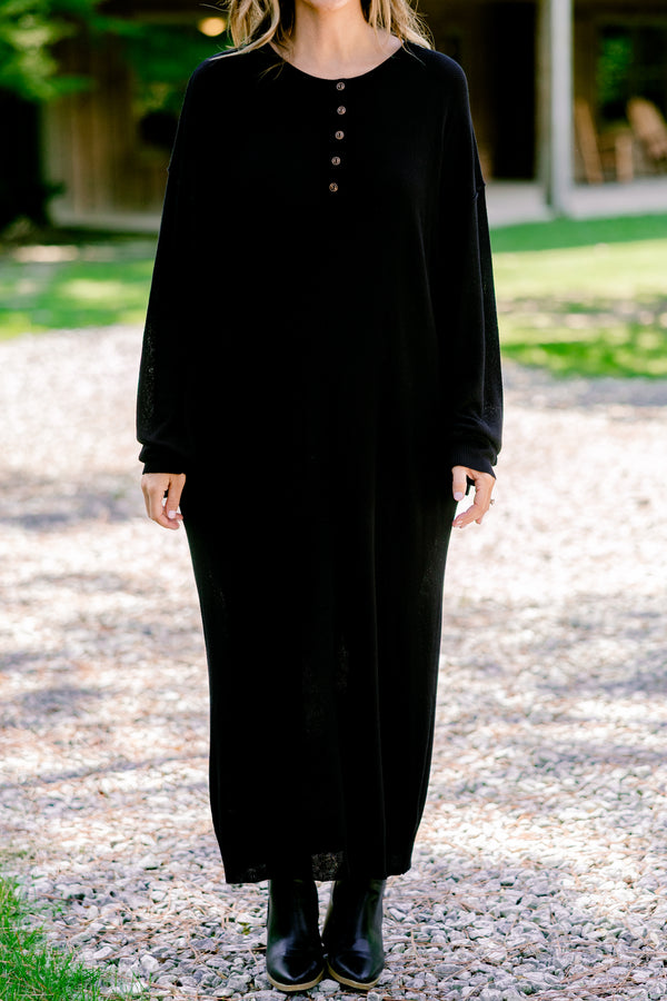 Chic Soul plus size clothing, black long sleeve maxi dress with four buttons at the top