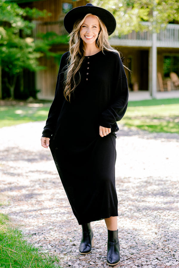 Chic Soul plus size clothing, black long sleeve maxi dress with four buttons at the top