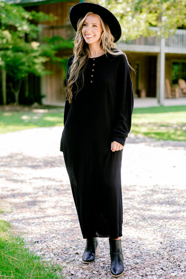 Chic Soul plus size clothing, black long sleeve maxi dress with four buttons at the top
