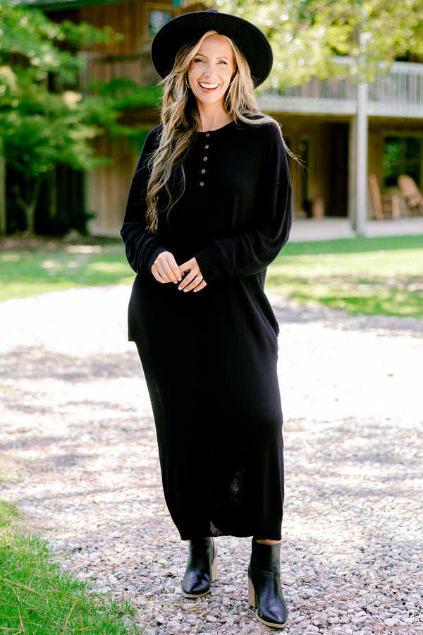 Chic Soul plus size clothing, black long sleeve maxi dress with four buttons at the top