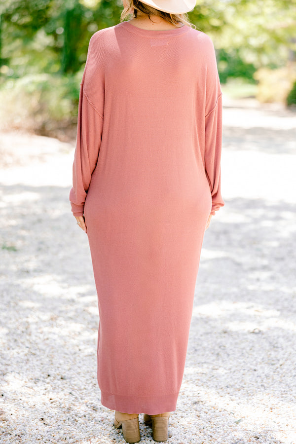 Chic Soul plus size clothing, mauve long sleeve maxi dress with a waffle knit pattern and buttons going down to the chest 