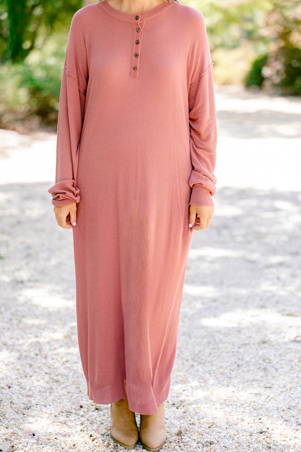 Chic Soul plus size clothing, mauve long sleeve maxi dress with a waffle knit pattern and buttons going down to the chest 