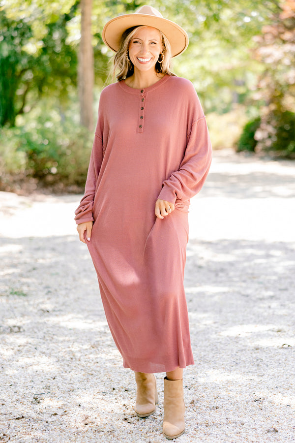 Chic Soul plus size clothing, mauve long sleeve maxi dress with a waffle knit pattern and buttons going down to the chest 