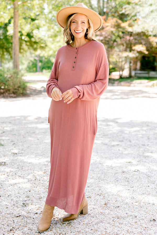 Chic Soul plus size clothing, mauve long sleeve maxi dress with a waffle knit pattern and buttons going down to the chest 