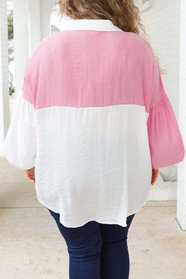 Chic Soul plus size clothing, white and pink colorblock style button down top with bubble sleeves and two front pockets