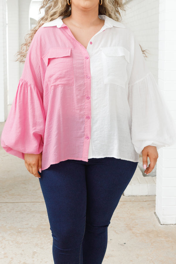 Chic Soul plus size clothing, white and pink colorblock style button down top with bubble sleeves and two front pockets