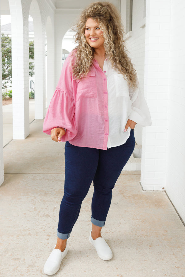 Chic Soul plus size clothing, white and pink colorblock style button down top with bubble sleeves and two front pockets