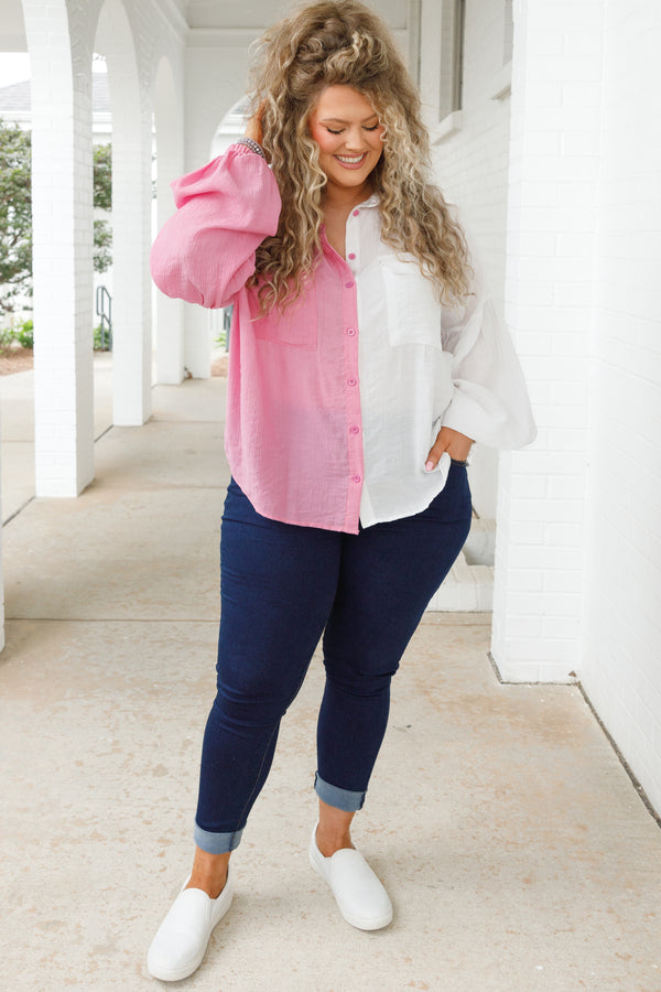Chic Soul plus size clothing, white and pink colorblock style button down top with bubble sleeves and two front pockets