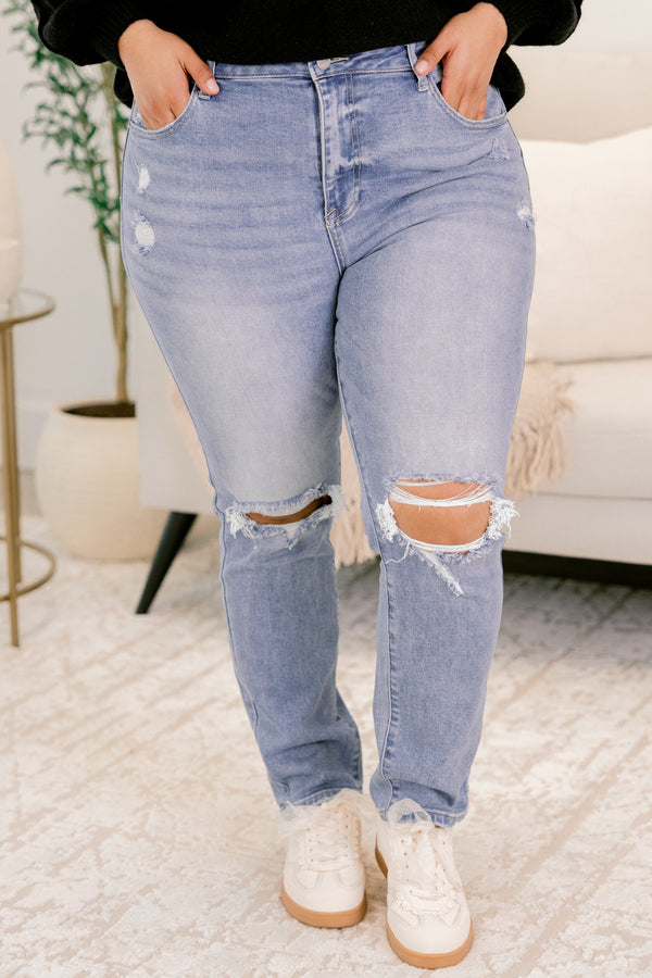 Chic Soul plus size clothing, light wash denim jeans with two knee slits and distressing near both front pockets