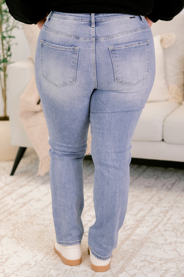 Chic Soul plus size clothing, light wash denim jeans with two knee slits and distressing near both front pockets