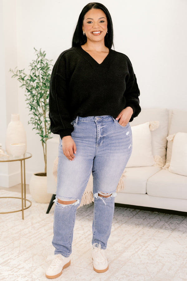 Chic Soul plus size clothing, light wash denim jeans with two knee slits and distressing near both front pockets