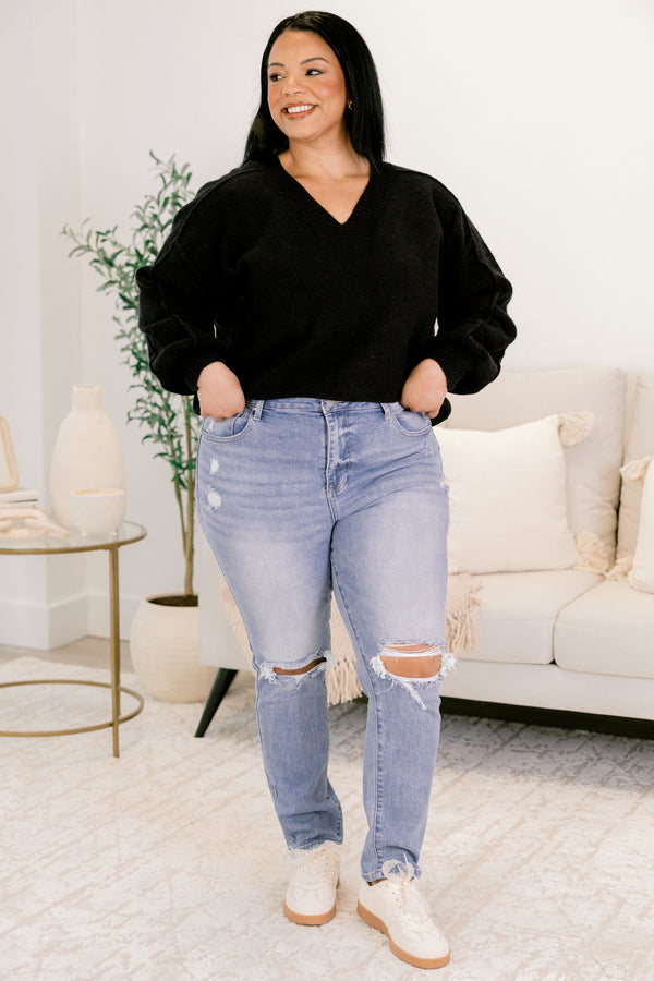 Chic Soul plus size clothing, light wash denim jeans with two knee slits and distressing near both front pockets