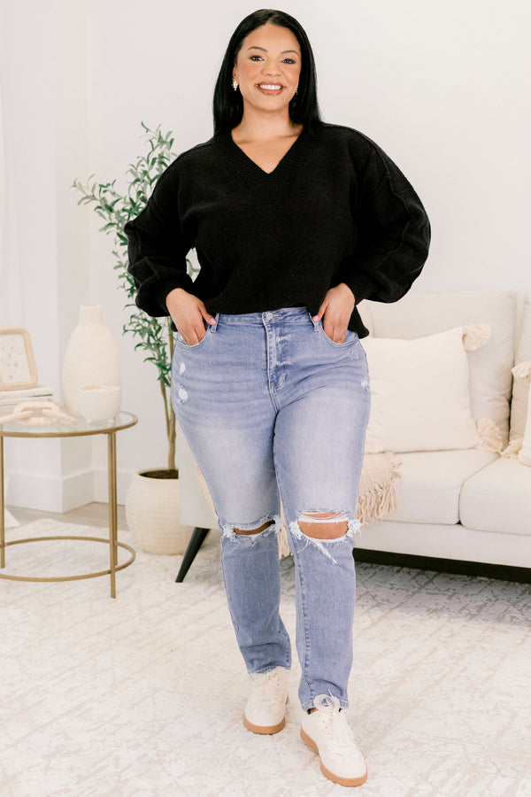 Chic Soul plus size clothing, light wash denim jeans with two knee slits and distressing near both front pockets