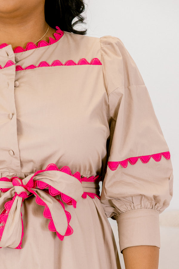 Chic soul plus size clothing, brown midi dress with pink scallop trim and a waist tie