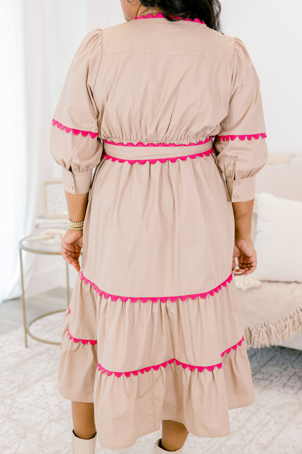 Chic soul plus size clothing, brown midi dress with pink scallop trim and a waist tie