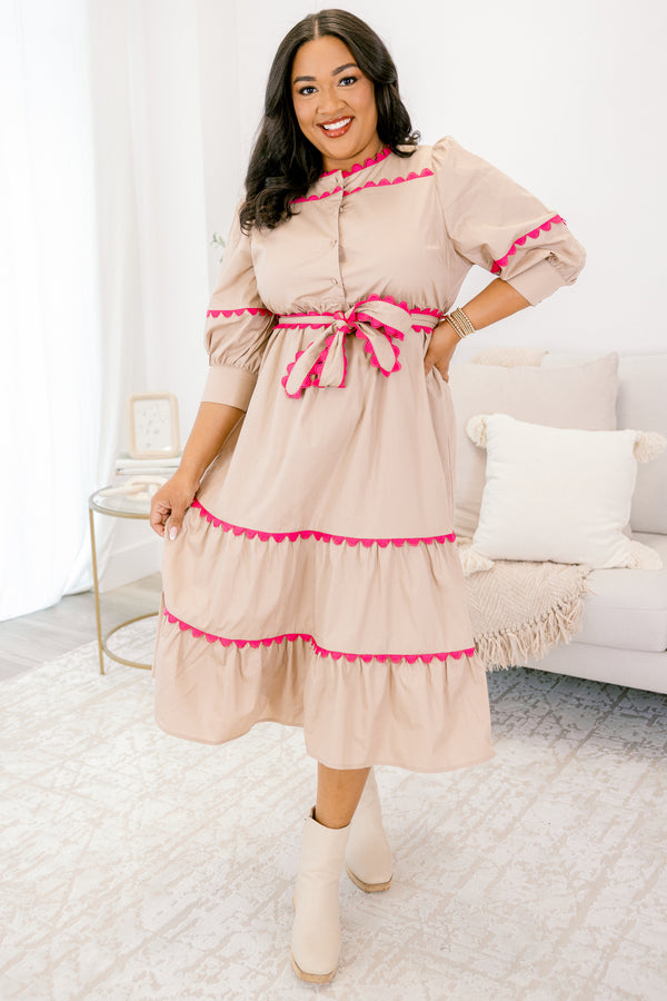 Chic soul plus size clothing, brown midi dress with pink scallop trim and a waist tie
