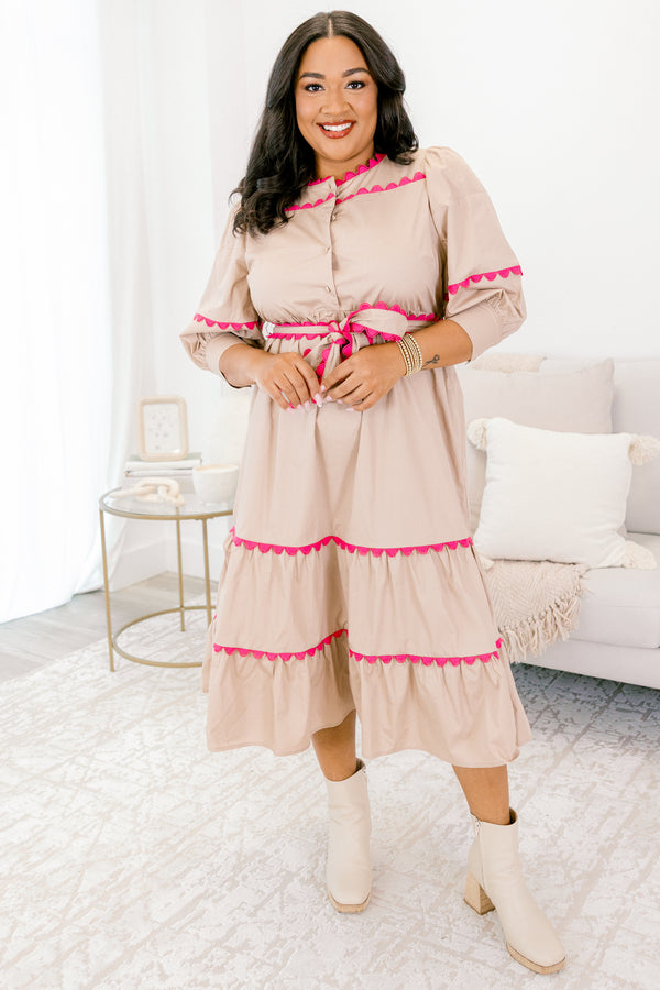 Chic soul plus size clothing, brown midi dress with pink scallop trim and a waist tie
