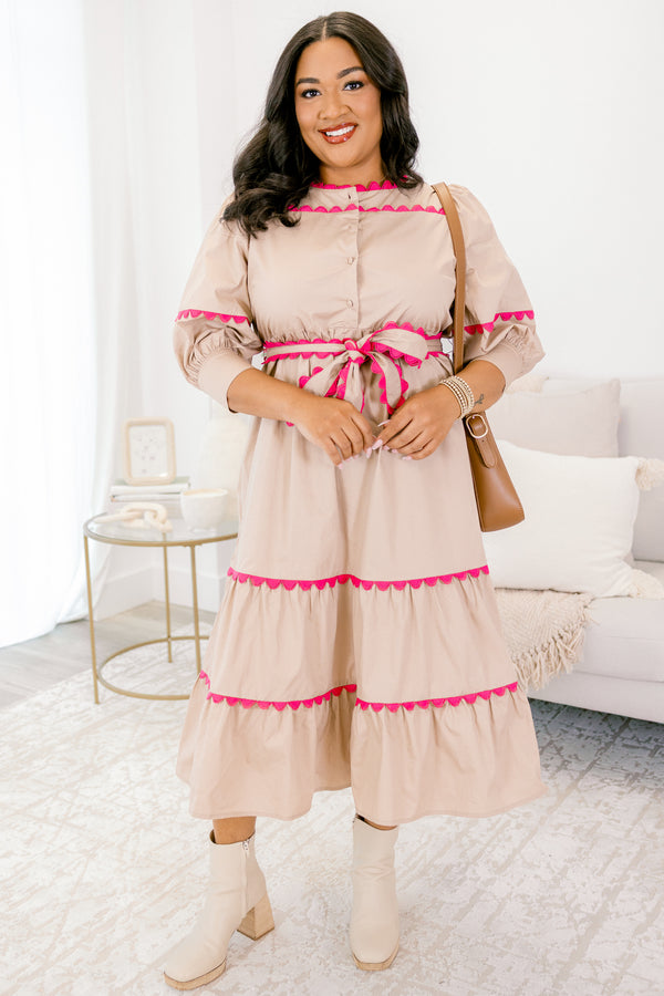 Chic soul plus size clothing, brown midi dress with pink scallop trim and a waist tie