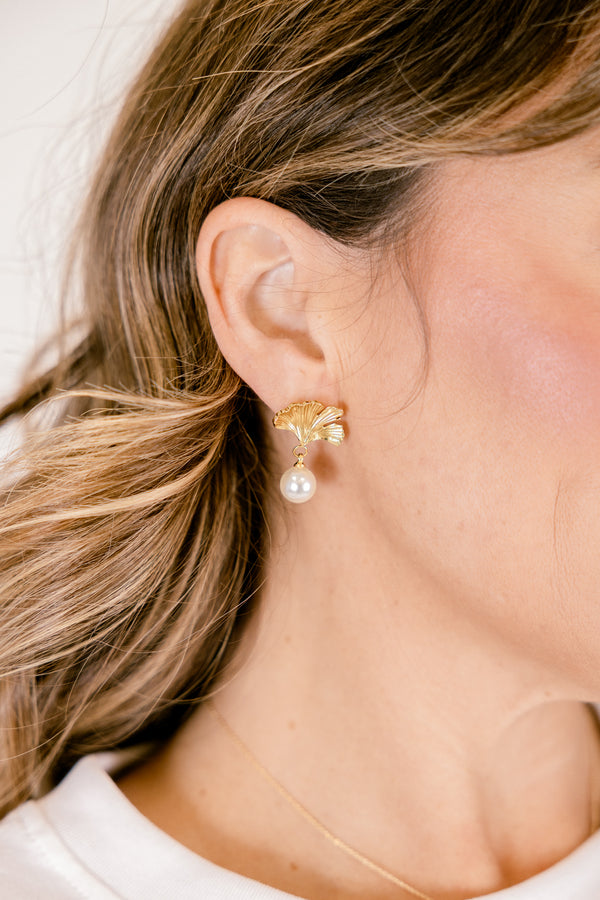 Chic Soul plus size clothing, gold leaf shape earrings with pearl drop down