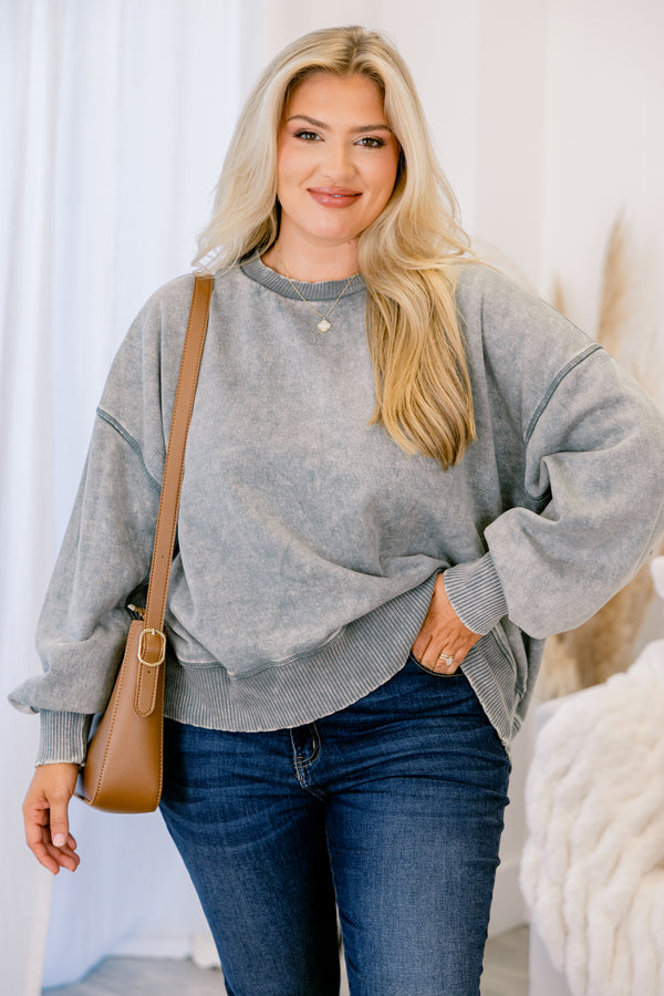 Chic Soul plus size clothing, Acid wash gray pullover with gathered sleeves at wrist 