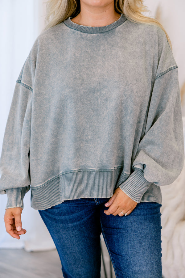 Chic Soul plus size clothing, Acid wash gray pullover with gathered sleeves at wrist 
