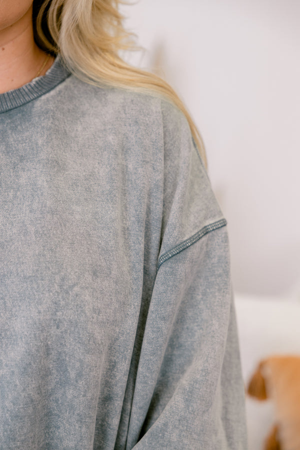 Chic Soul plus size clothing, Acid wash gray pullover with gathered sleeves at wrist 