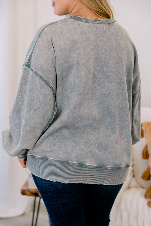 Chic Soul plus size clothing, Acid wash gray pullover with gathered sleeves at wrist 