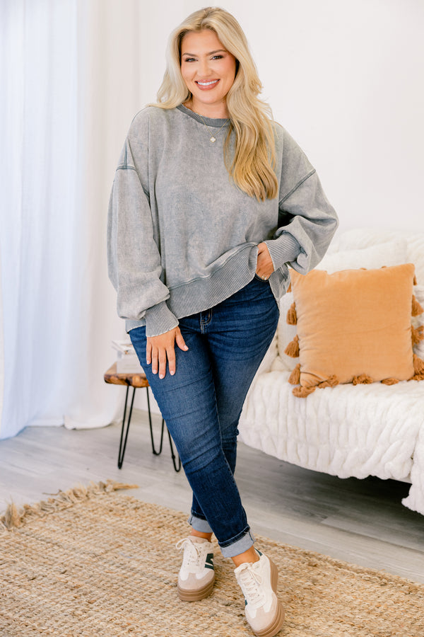 Chic Soul plus size clothing, Acid wash gray pullover with gathered sleeves at wrist 
