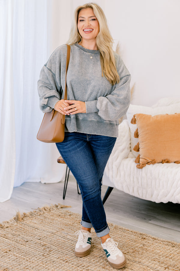 Chic Soul plus size clothing, Acid wash gray pullover with gathered sleeves at wrist 