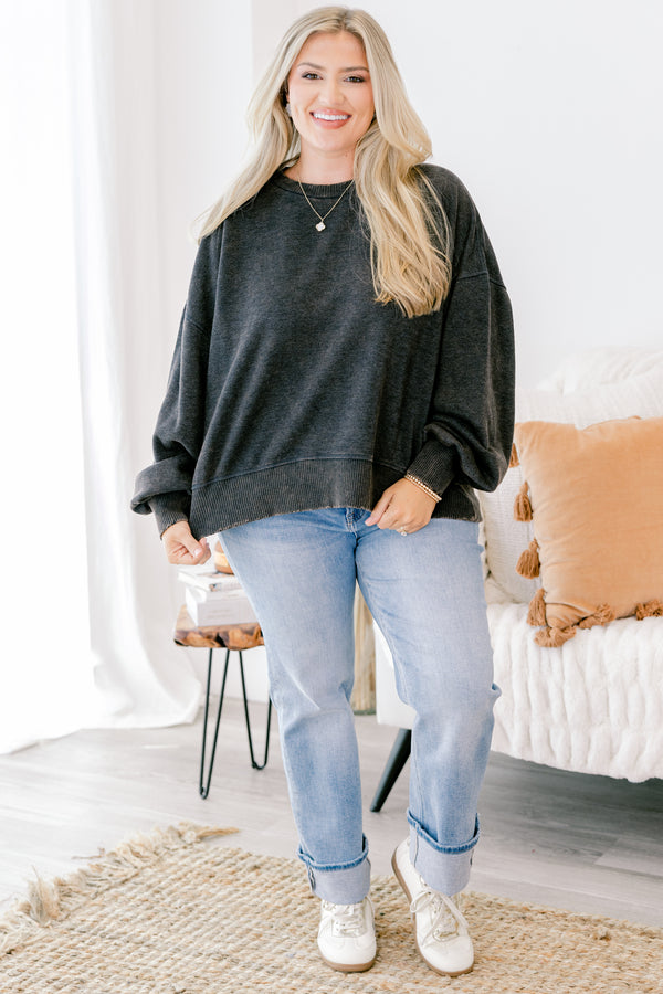 Chic Soul plus size clothing, acid wash black long sleeve slightly cropped pullover