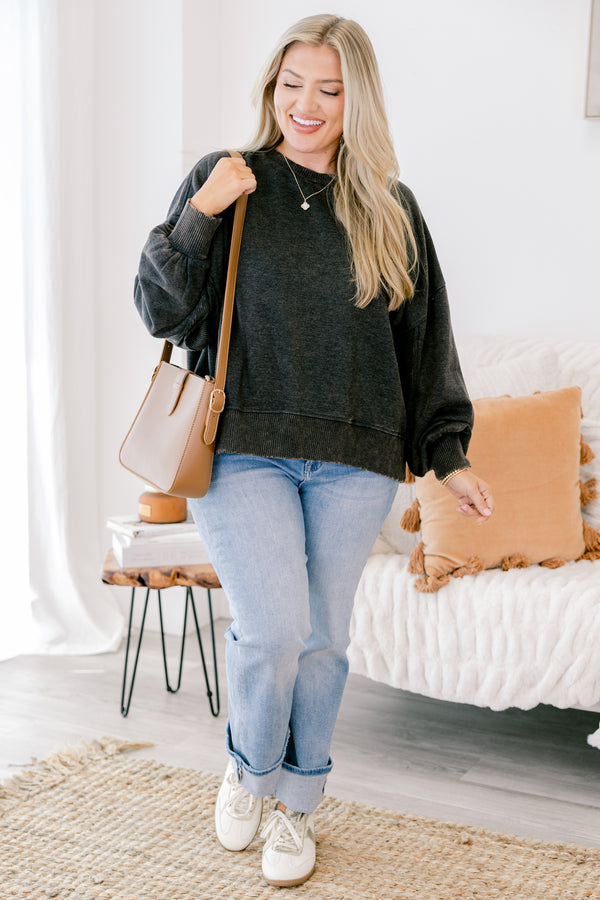 Chic Soul plus size clothing, acid wash black long sleeve slightly cropped pullover